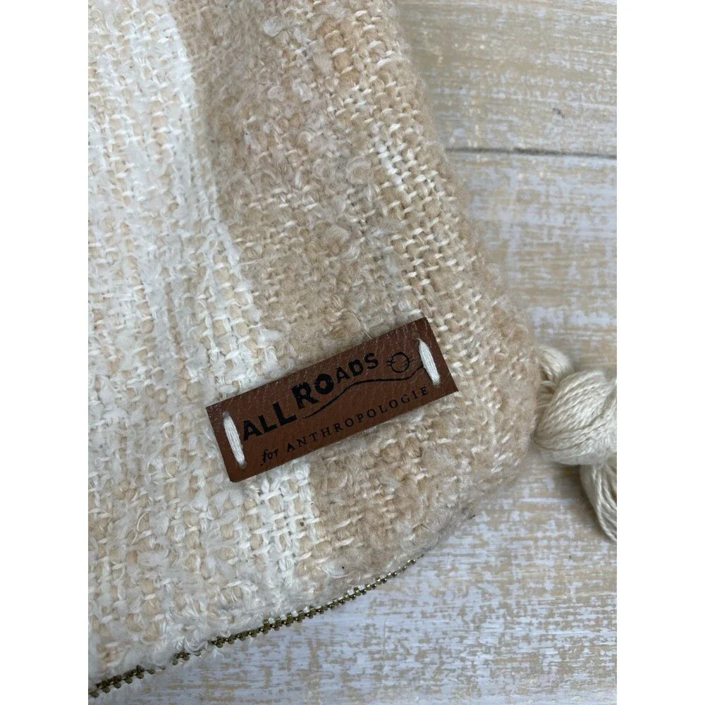 Anthropologie All Roads Beige Green Tan Stripe Pillow Cover w/tassels Boho